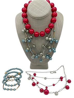 Red, Blue & Green Chunky Faux Pearl Necklace & Bracelet Jewelry Lot